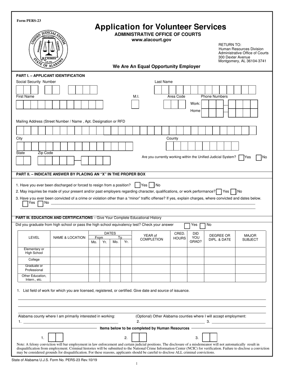 Form PERS-23 Application for Volunteer Services - Alabama, Page 1