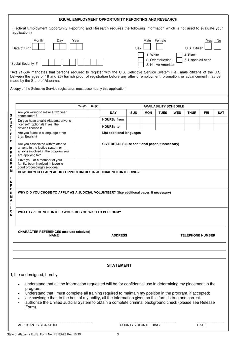 Form PERS-23 Application for Volunteer Services - Alabama, Page 3