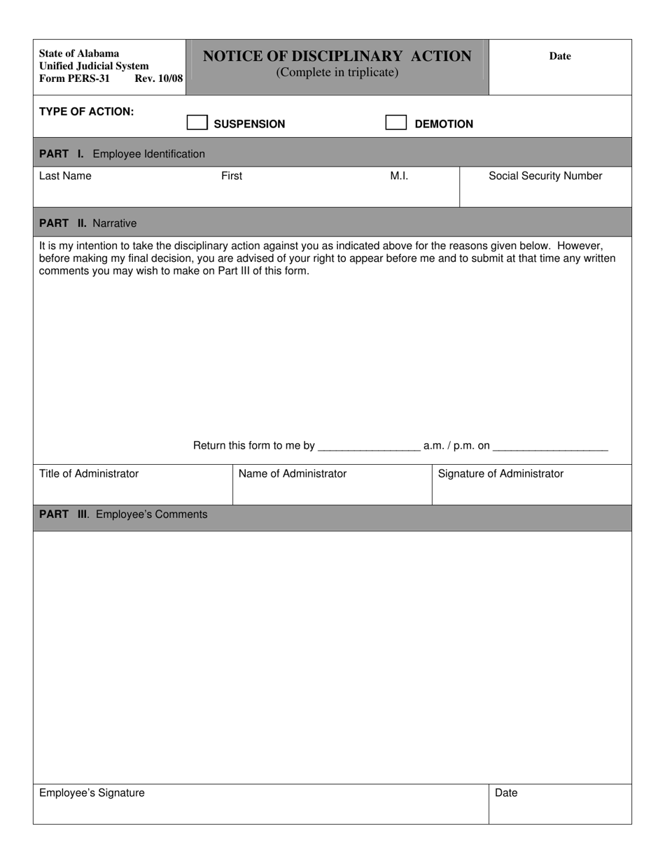 Form PERS-31 Notice of Disciplinary Action - Alabama, Page 1