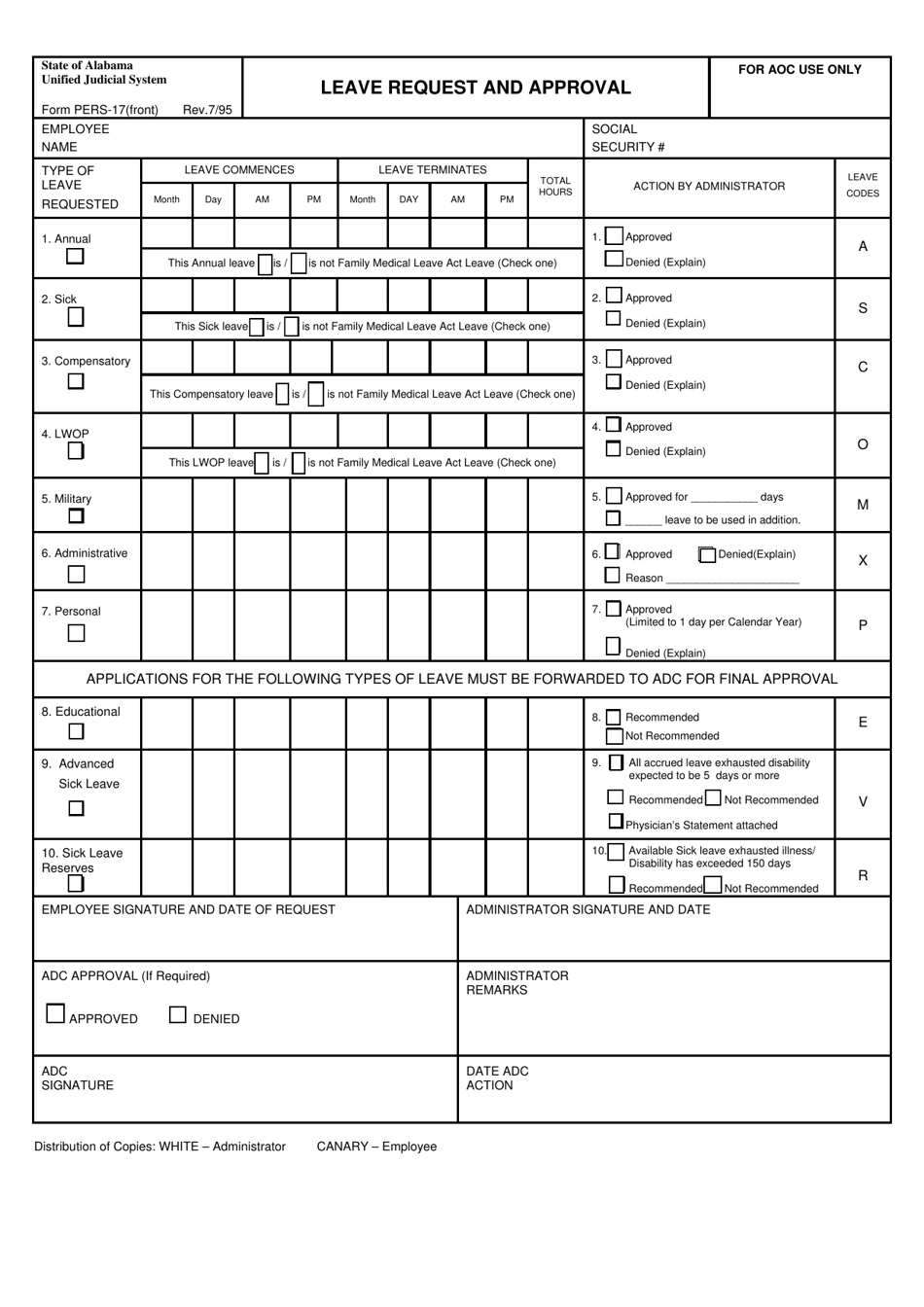 Form PERS-17 Leave Request and Approval - Alabama, Page 1