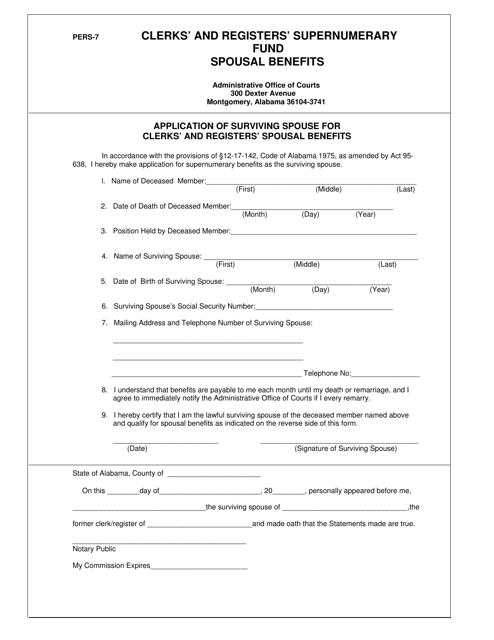 Form PERS-7 Application of Surviving Spouse for Clerks' and Registers' Spousal Benefits - Alabama
