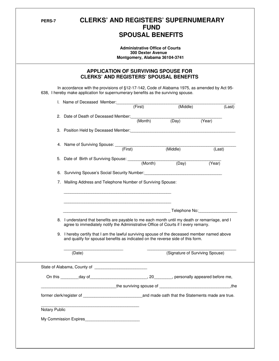 Form PERS-7 Application of Surviving Spouse for Clerks and Registers Spousal Benefits - Alabama, Page 1