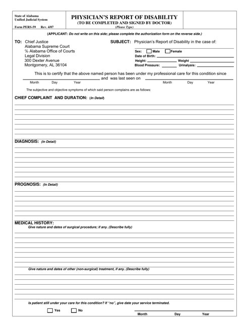Form PERS-59 Physician's Report of Disability - Alabama
