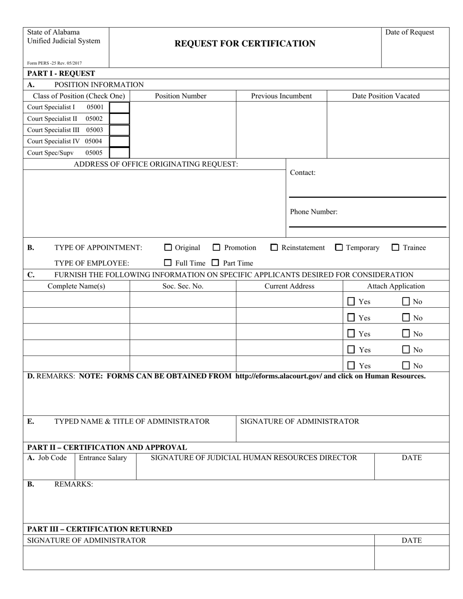 Form PERS-25 Request for Certification - Alabama, Page 1