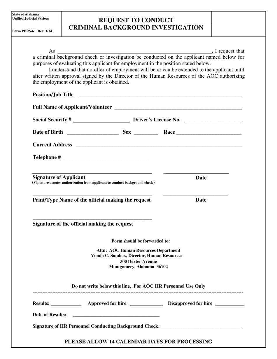 Form PERS-61 Request to Conduct Criminal Background Investigation - Alabama, Page 1