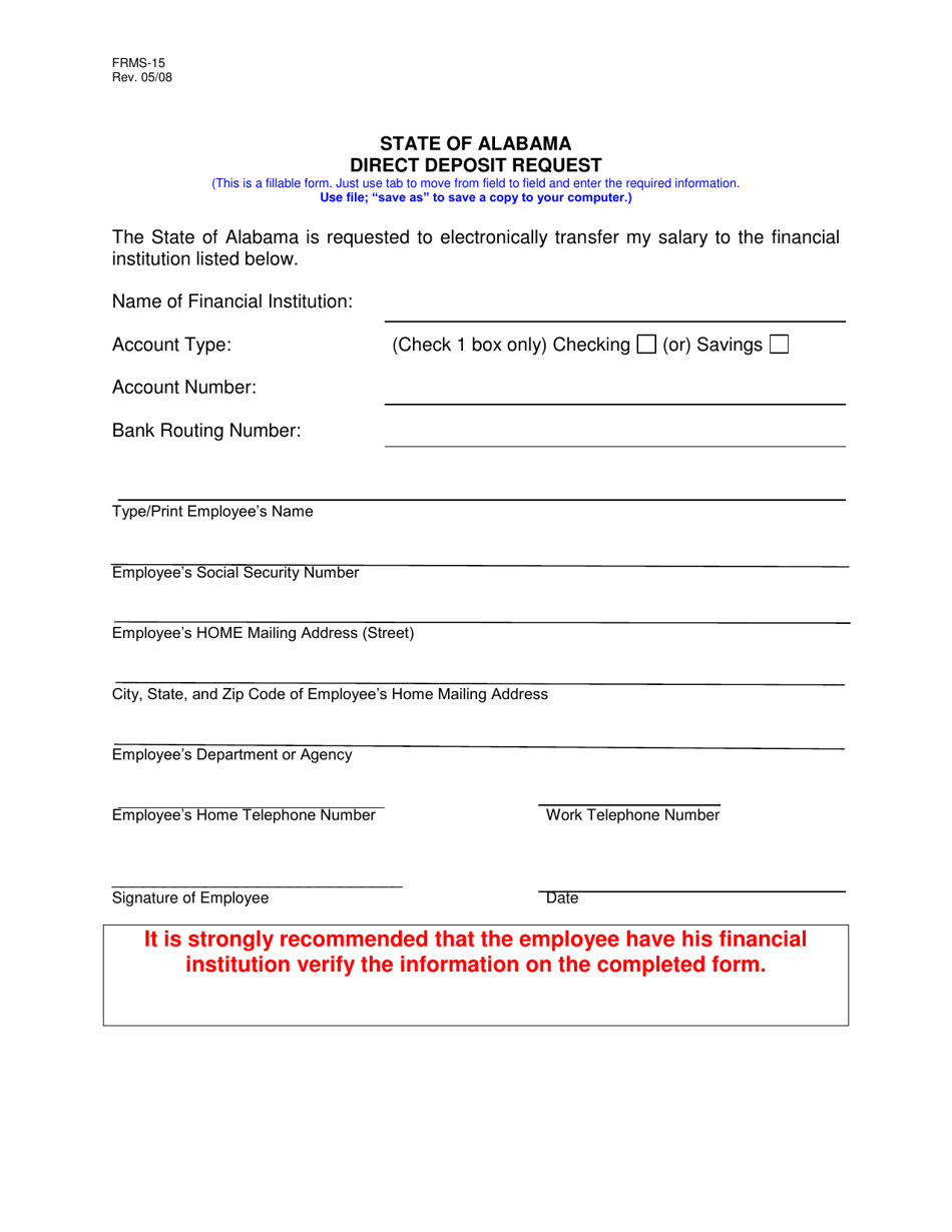 Form FRMS-15 Direct Deposit Request - Alabama, Page 1