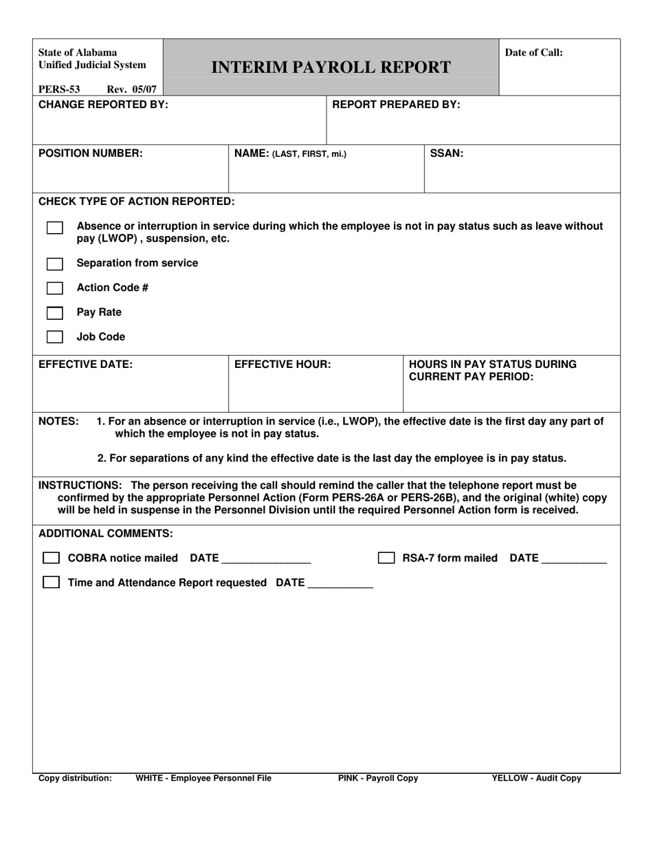 Form PERS-53 Interim Payroll Report - Alabama, Page 1