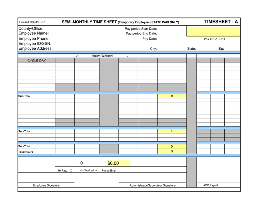 Form PERS-01 Semi-monthly Time Sheet - Timesheet a (For State Paid Employees Only) - Alabama