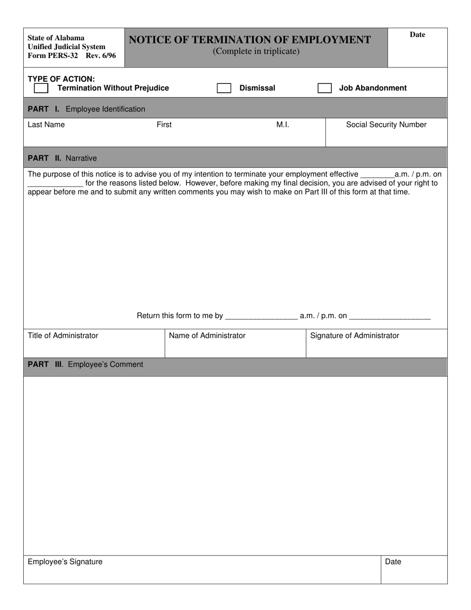 Form PERS-32 Notice of Termination of Employment - Alabama, Page 1