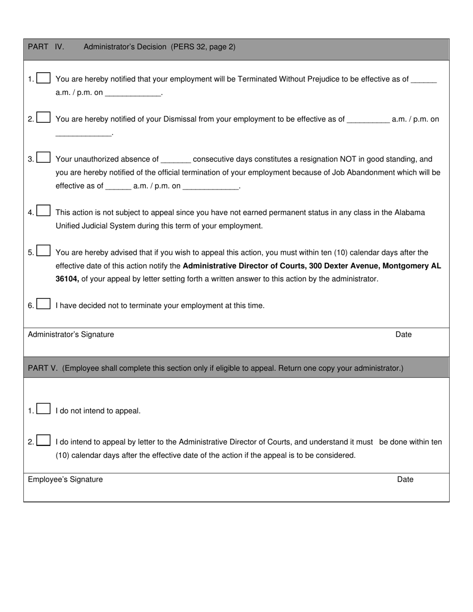 Form PERS-32 Notice of Termination of Employment - Alabama, Page 2