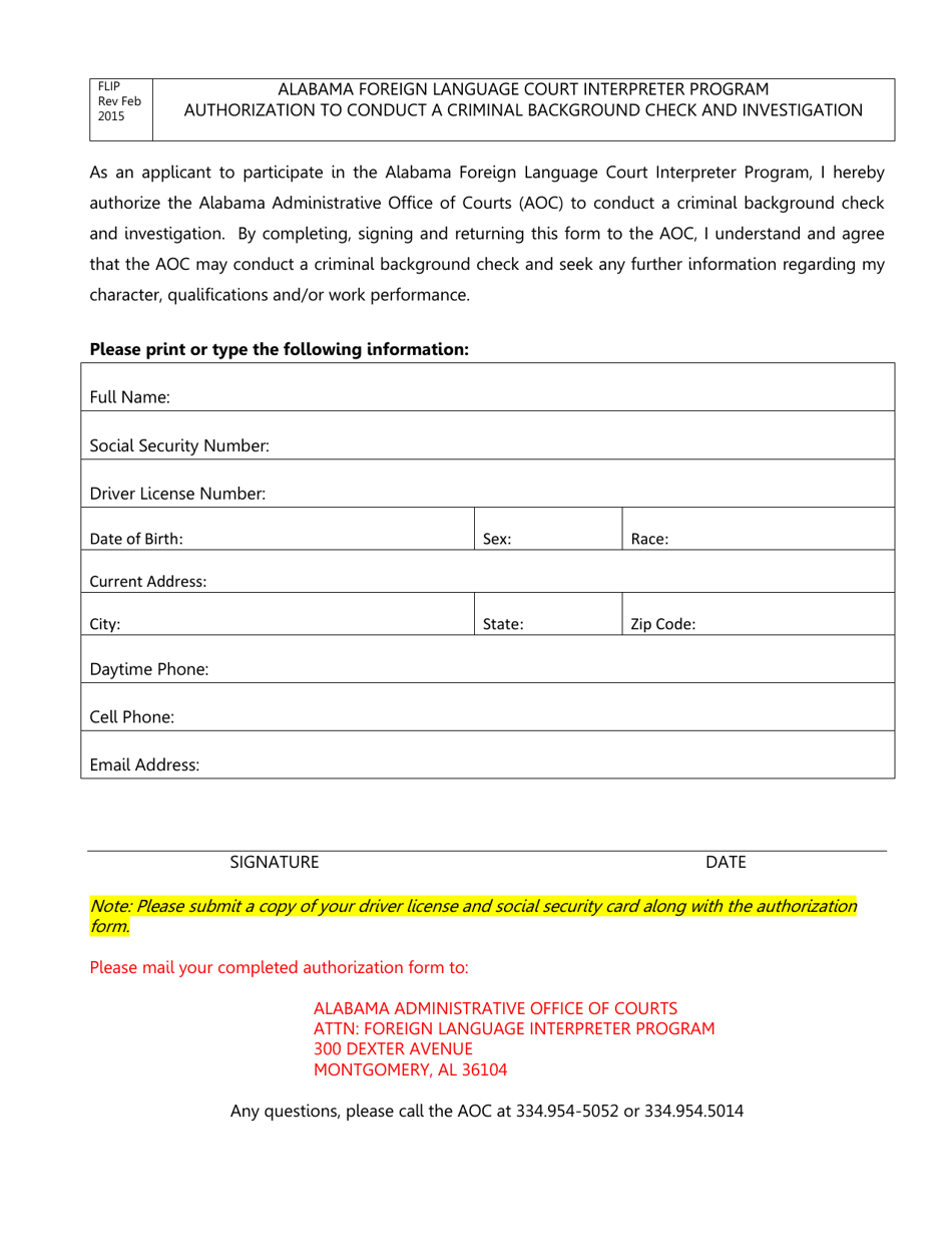 Authorization to Conduct a Criminal Background Check and Investigation - Alabama, Page 1