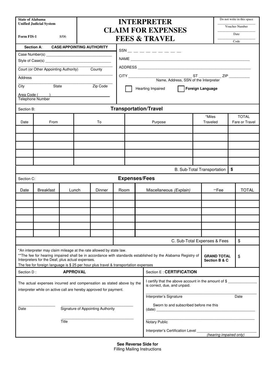 Form FIS-1 Interpreter Claim for Expenses Fees  Travel - Alabama, Page 1