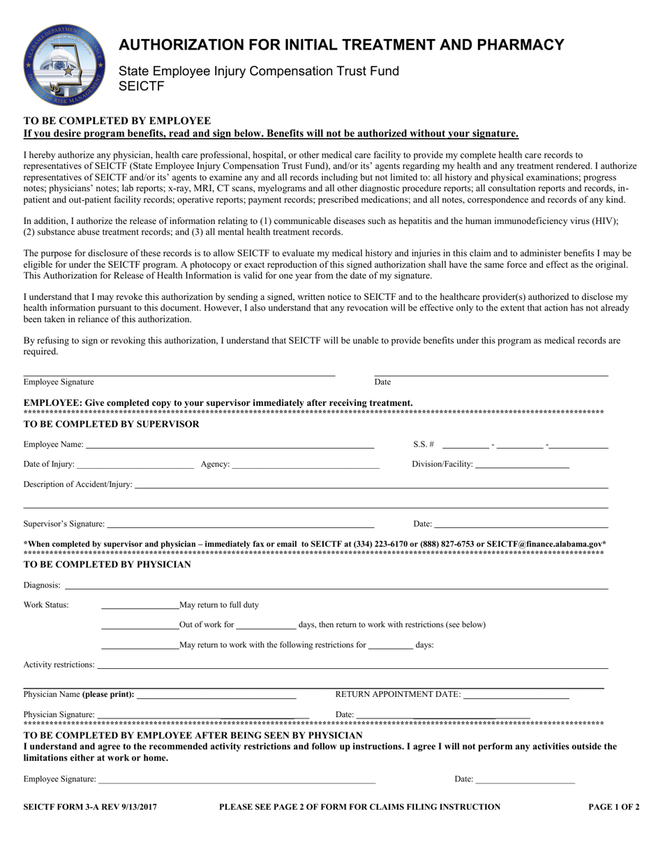 SEICTF Form 3-A Authorization for Initial Treatment and Pharmacy - Alabama, Page 1