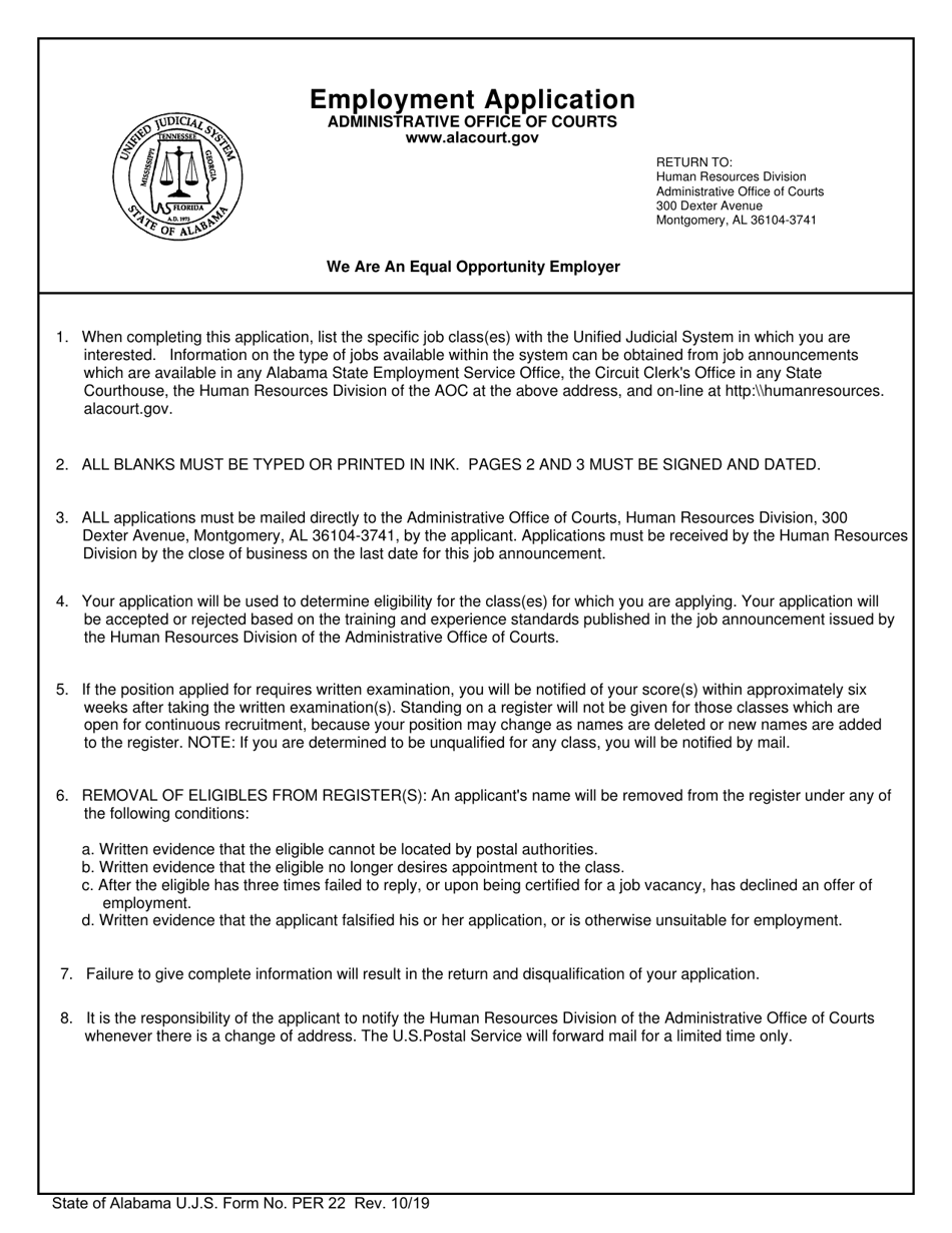 Form PERS-22 Employment Application - Alabama, Page 1