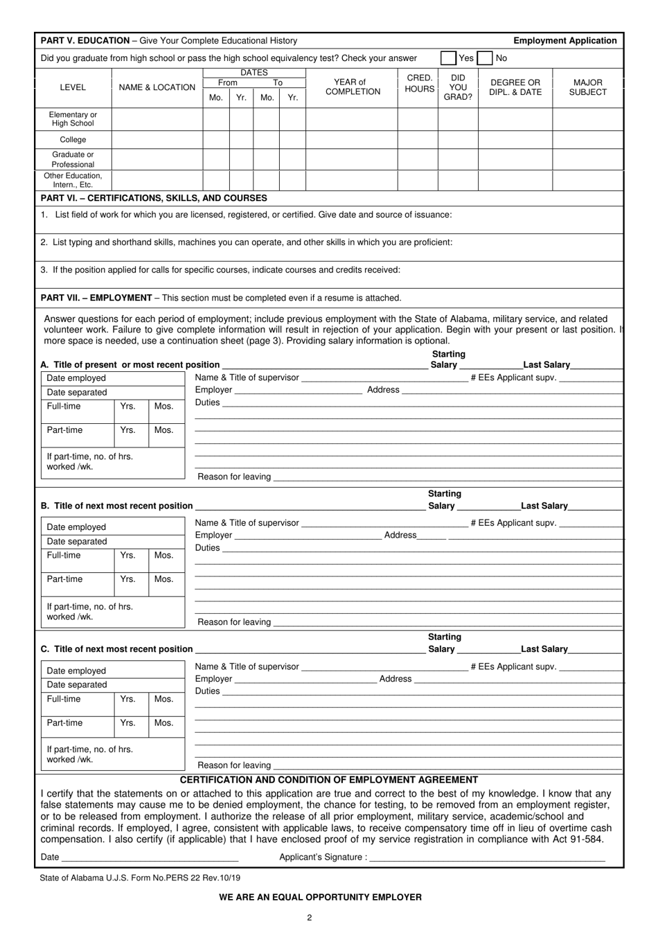 Form PERS-22 Employment Application - Alabama, Page 3