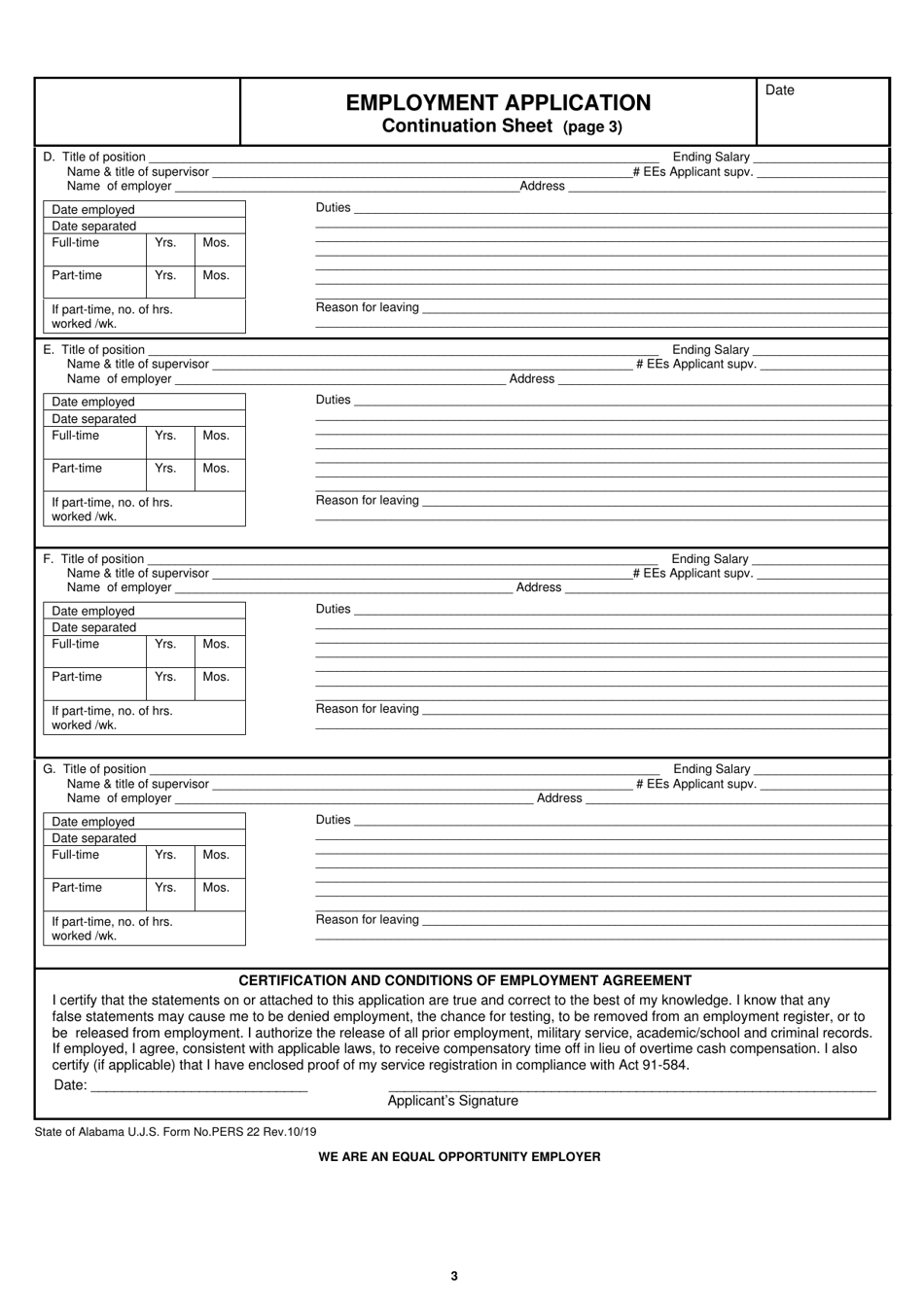 Form PERS-22 Employment Application - Alabama, Page 4