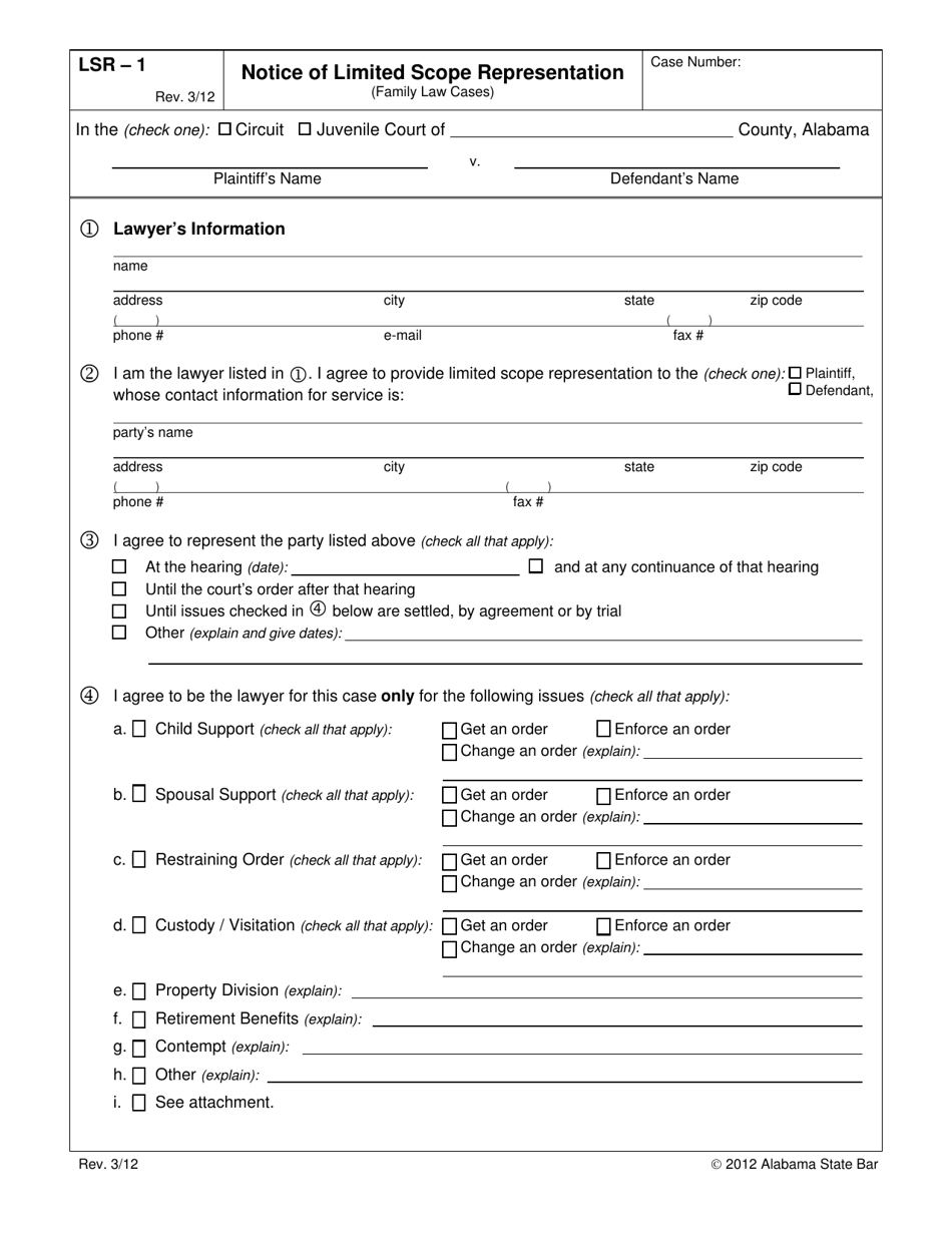 Form LSR-1 Notice of Limited Scope Representation (Family Law Cases) - Alabama, Page 1