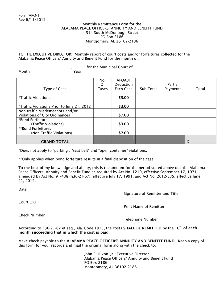 Form APO-1 Monthly Remittance Form for the Alabama Peace Officers Annuity and Benefit Fund - Alabama, Page 1