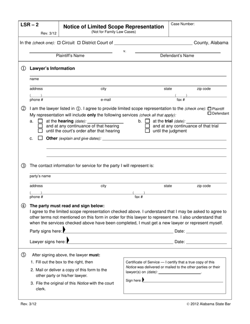 Form LSR-2 Notice of Limited Scope Representation (Not for Family Law Cases) - Alabama