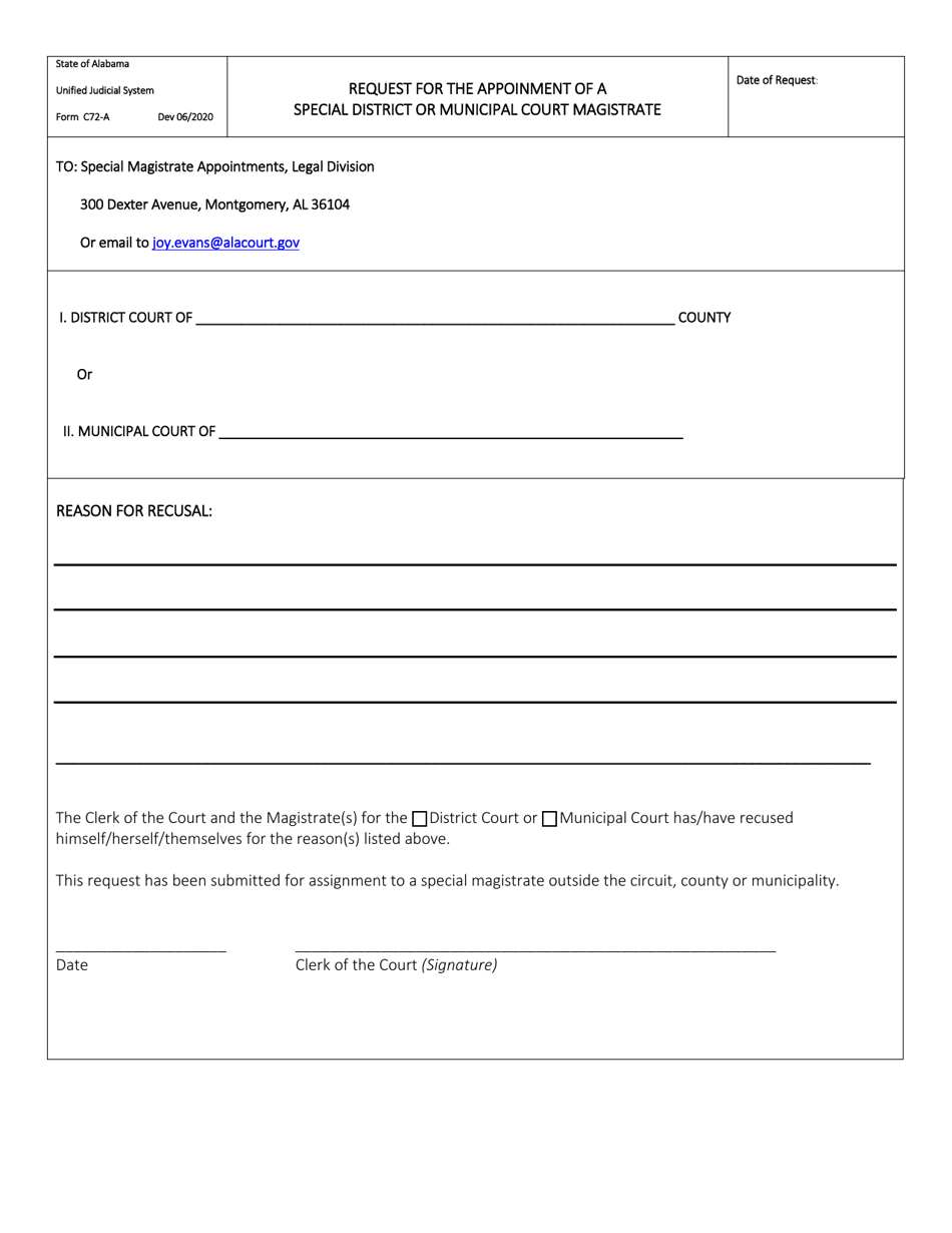 Form C72-A Request for the Appoinment of a Special District or Municipal Court Magistrate - Alabama, Page 1