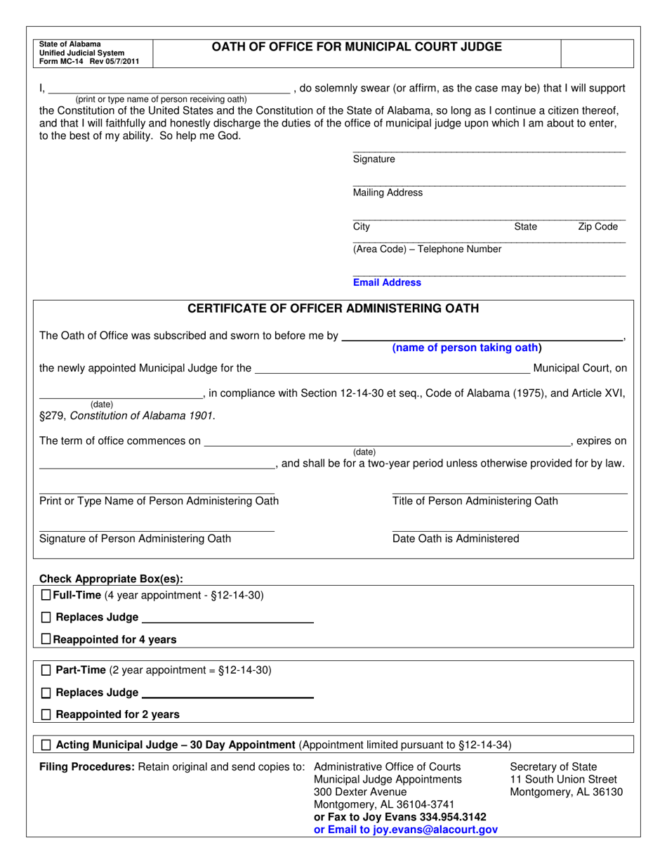 Form MC-14 Oath of Office for Municipal Court Judge - Alabama, Page 1