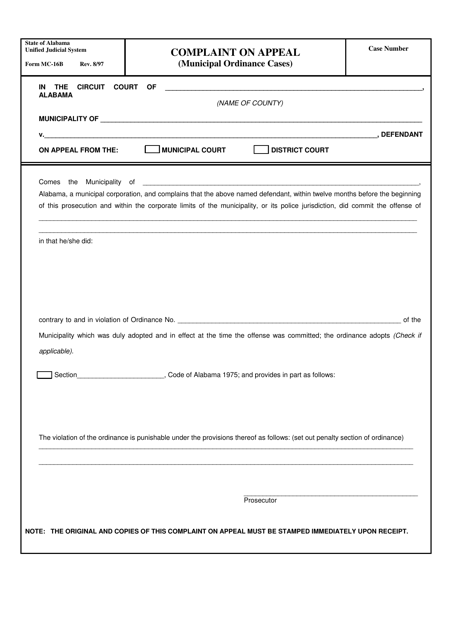Form MC-16B Complaint on Appeal (Municipal Ordinance Cases) - Alabama