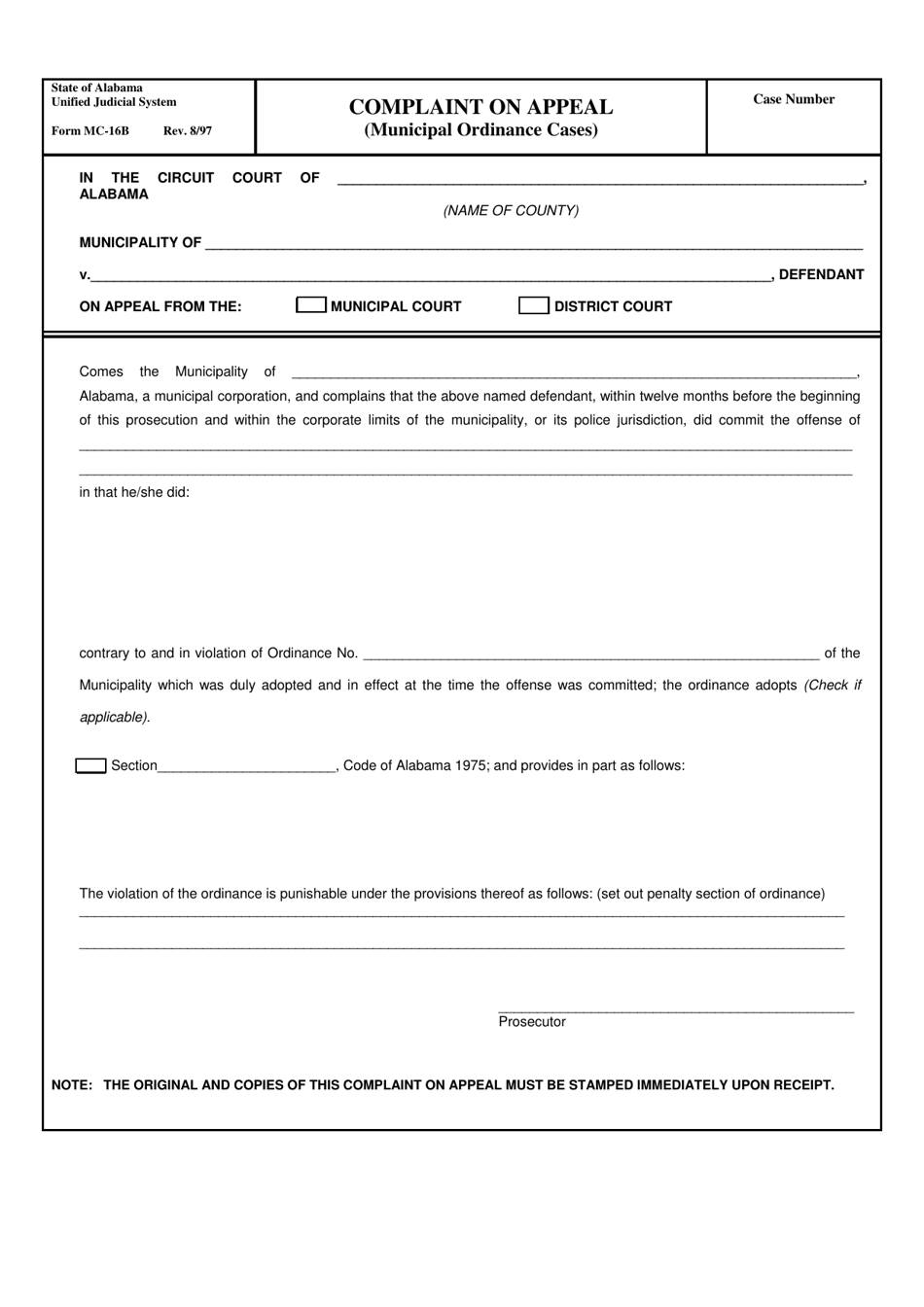 Form MC-16B Complaint on Appeal (Municipal Ordinance Cases) - Alabama, Page 1