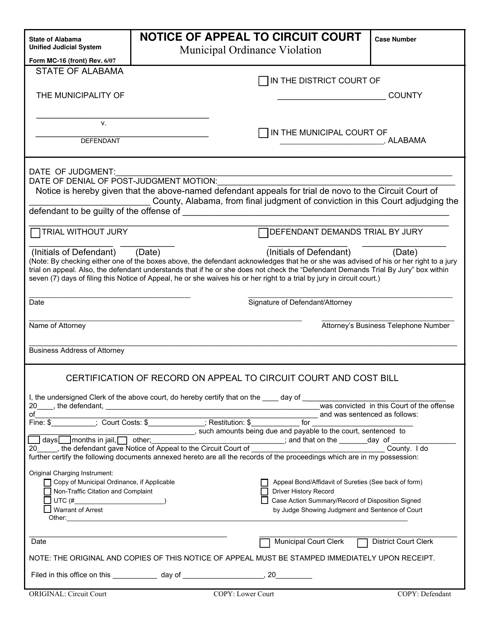 Form MC-16 Notice of Appeal to Circuit Court (Municipal Ordinance Violation) - Alabama
