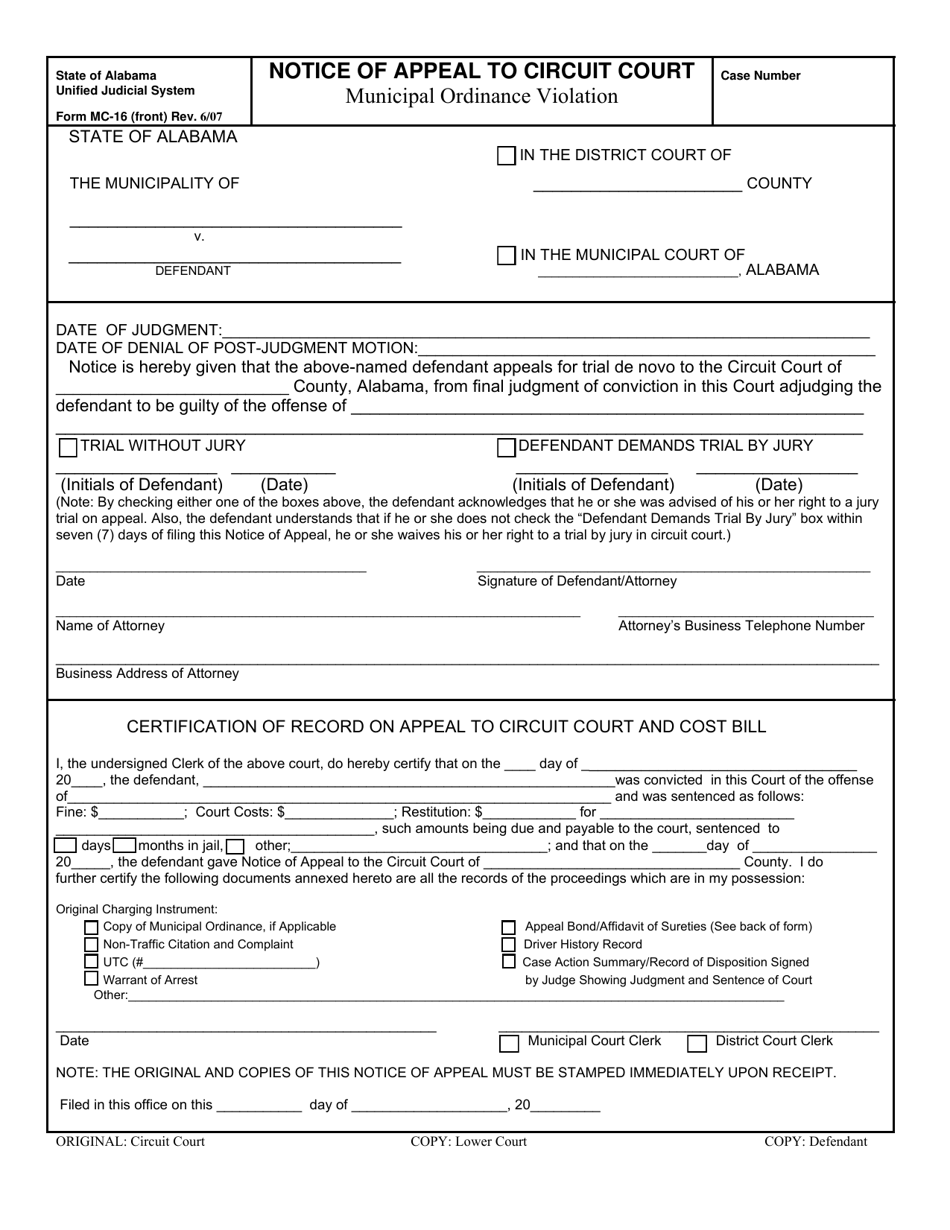 Form MC-16 Notice of Appeal to Circuit Court (Municipal Ordinance Violation) - Alabama, Page 1
