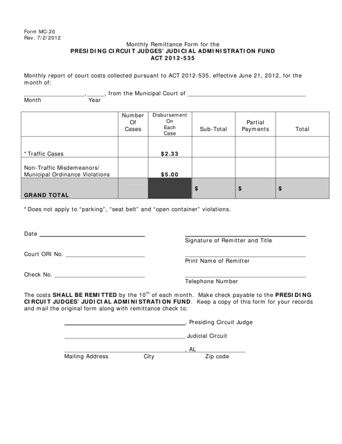 Form MC-20 Monthly Remittance Form for the Presiding Circuit Judges' Judicial Administration Fund - Alabama