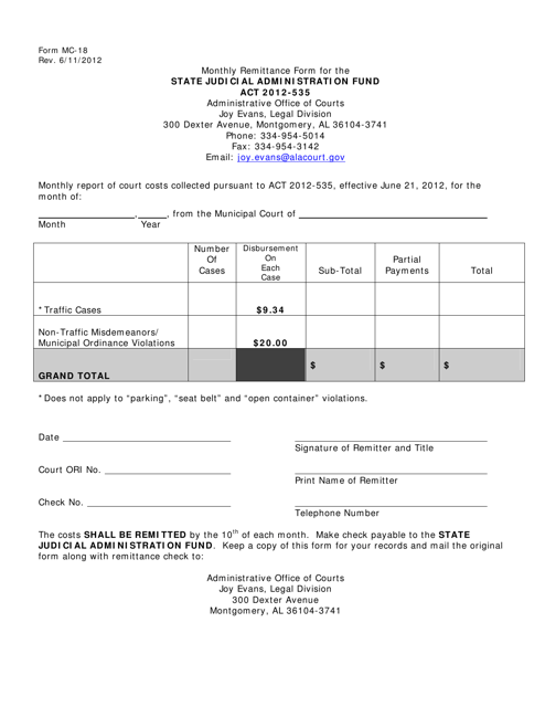 Form MC-18 Monthly Remittance Form for the State Judicial Administration Fund - Alabama