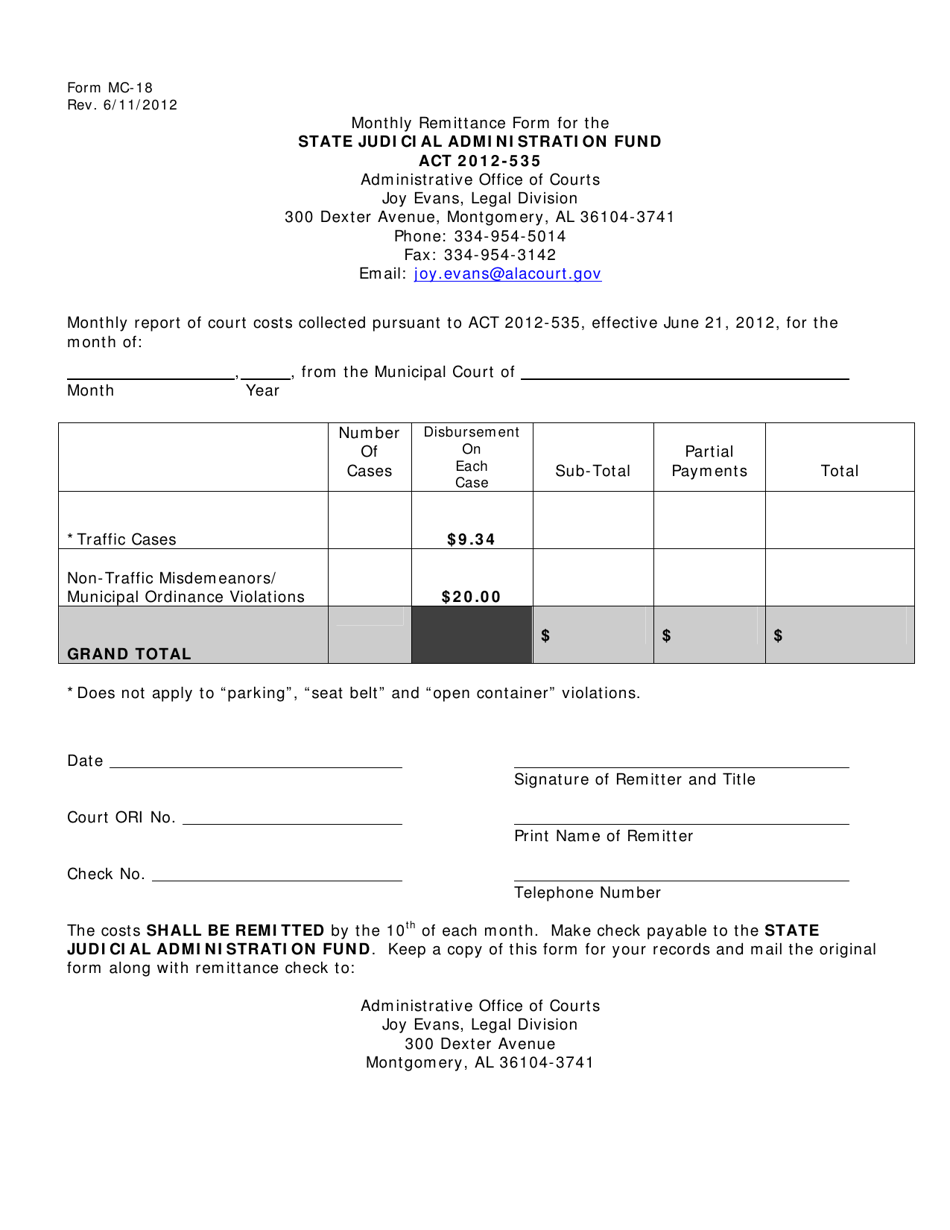Form MC-18 Monthly Remittance Form for the State Judicial Administration Fund - Alabama, Page 1