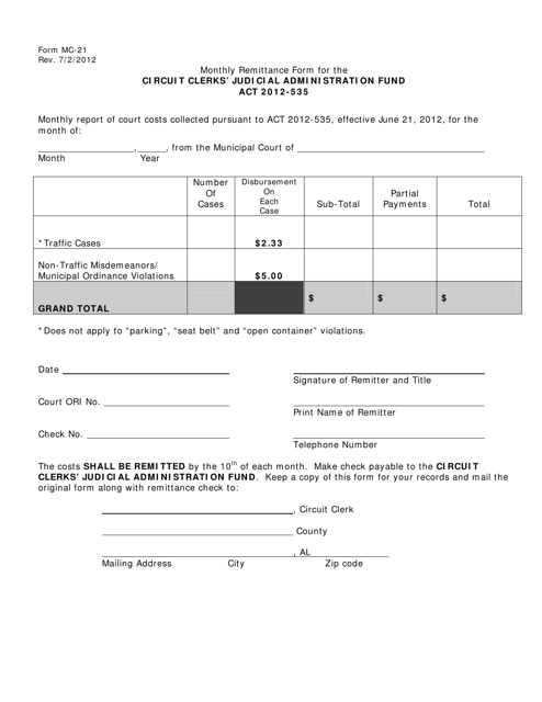 Form MC-21 Monthly Remittance Form for the Circuit Clerks' Judicial Administration Fund - Alabama