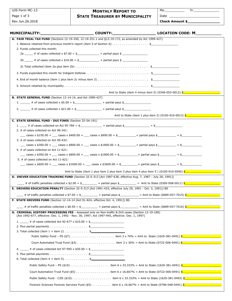 Form MC-13 Monthly Report to State Treasurer by Municipality - Alabama, Page 1