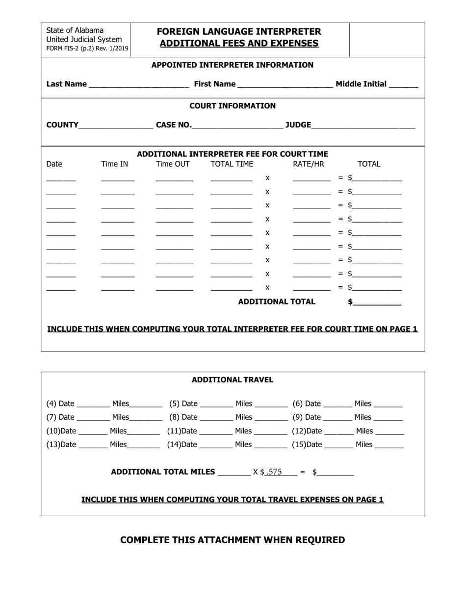 Form FIS-2 Foreign Language Interpreter Claim for Fees and Expenses - Alabama, Page 2