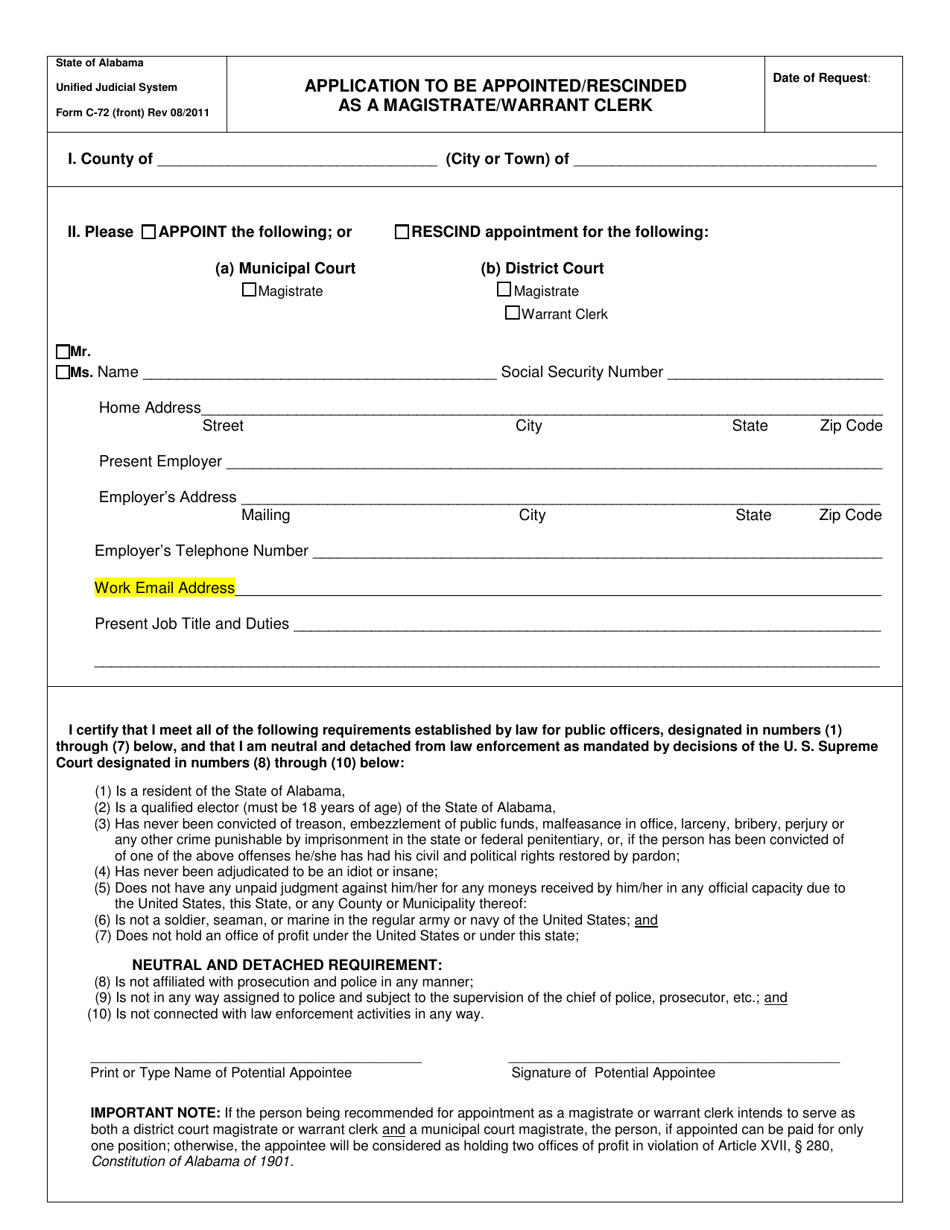 Form C-72 Application to Be Appointed / Rescinded as a Magistrate / Warrant Clerk - Alabama, Page 1