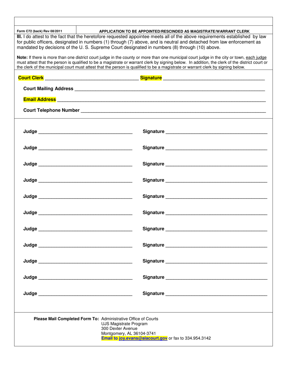 Form C-72 Application to Be Appointed / Rescinded as a Magistrate / Warrant Clerk - Alabama, Page 2