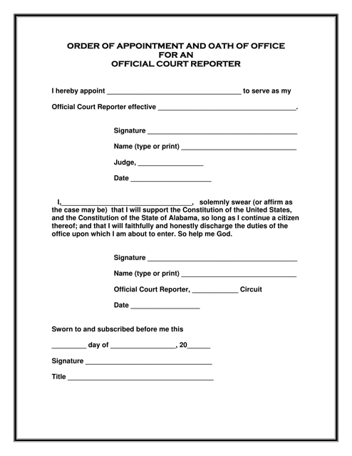 Order of Appointment and Oath of Office for an Official Court Reporter - Alabama Download Pdf