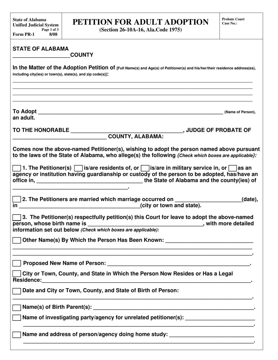Form PR-1 Petition for Adult Adoption - Alabama, Page 1