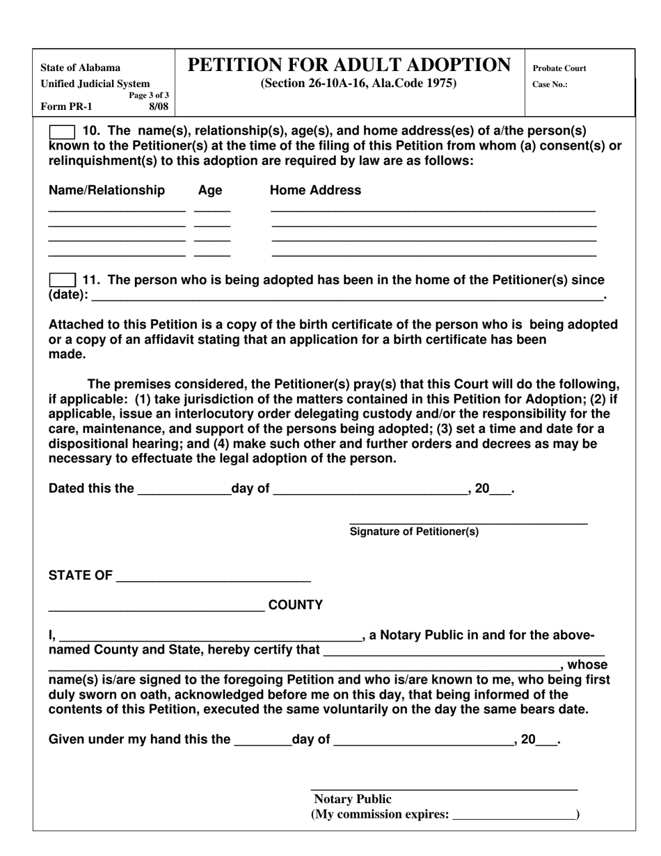 Form PR-1 Petition for Adult Adoption - Alabama, Page 3