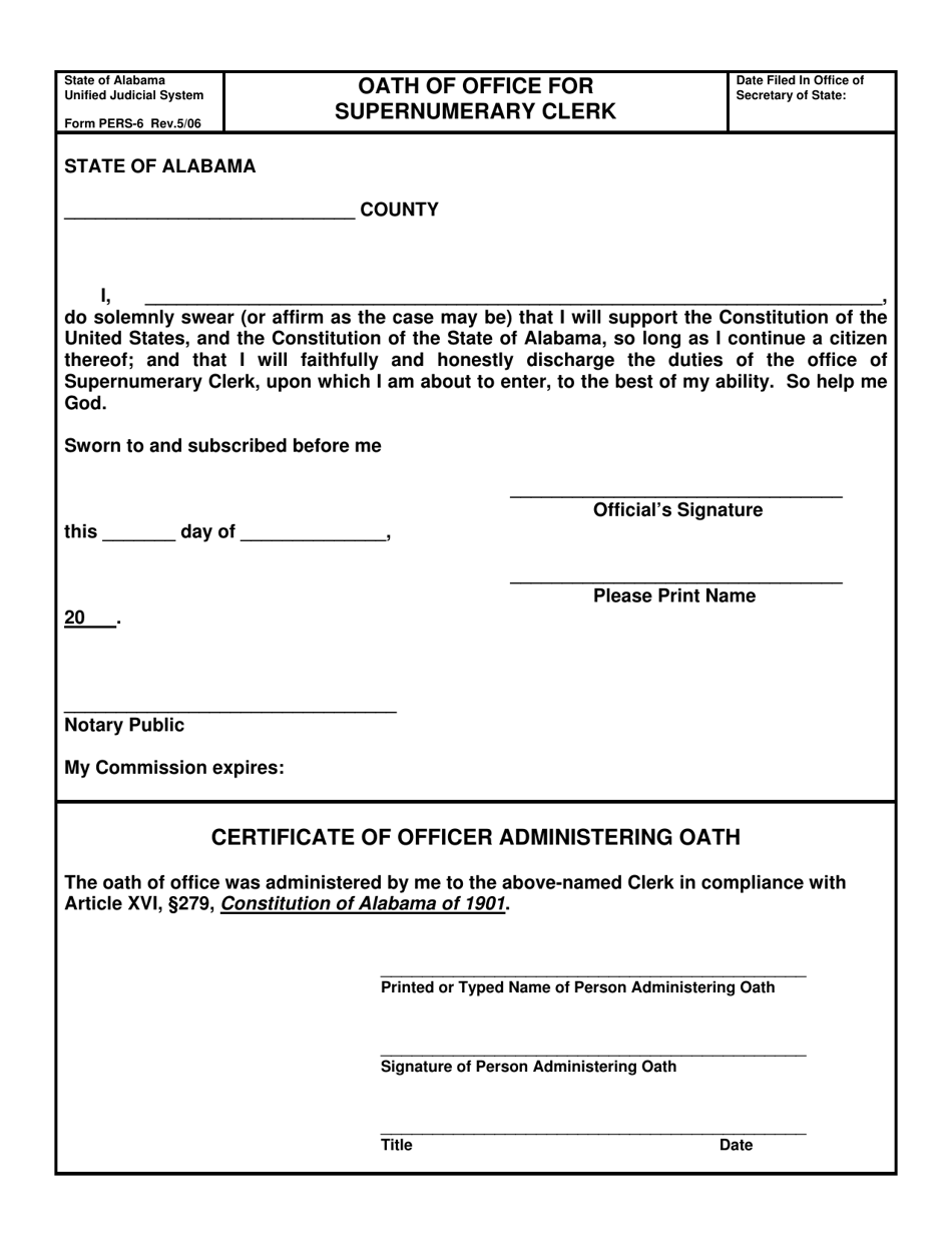 Form PERS-6 Oath of Office for Supernumerary Clerk - Alabama, Page 1