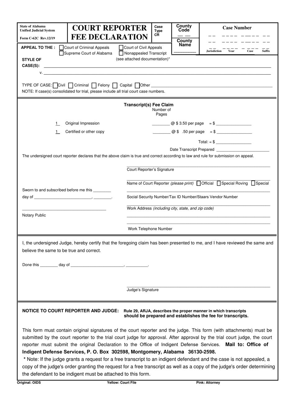 Form C-62C Court Reporter Fee Declaration - Alabama, Page 1
