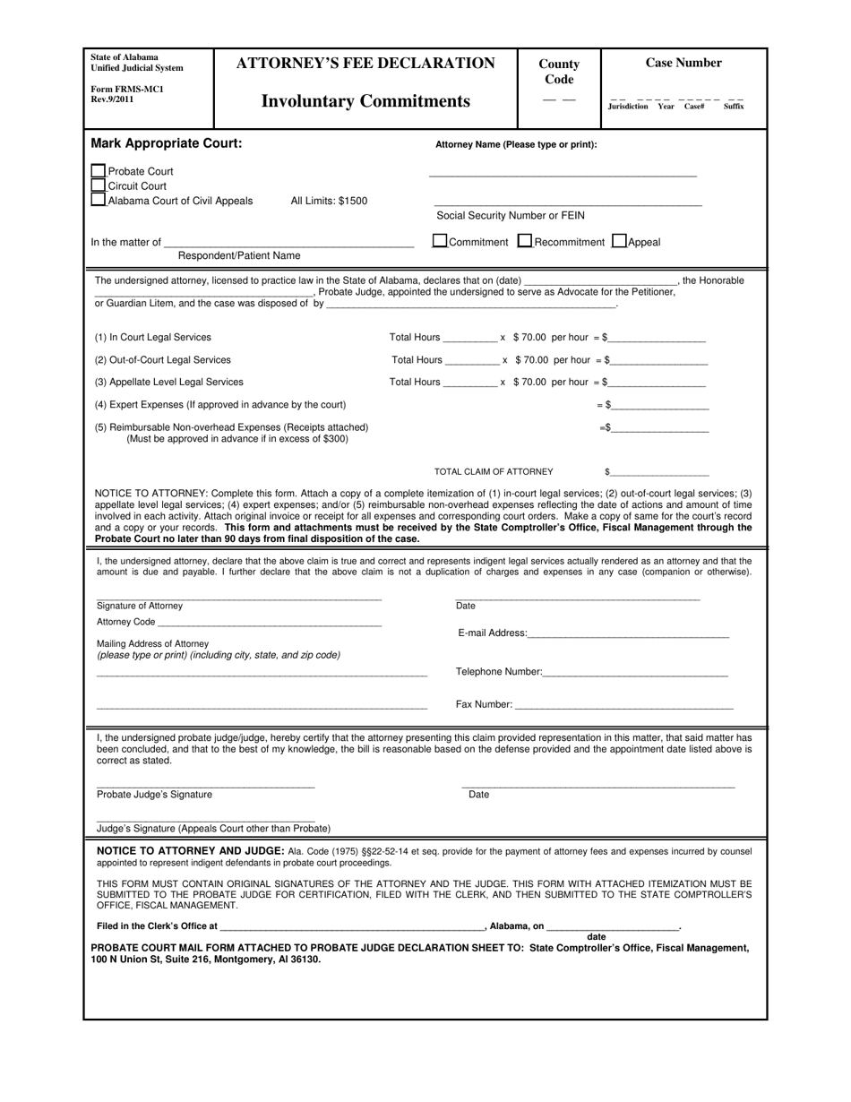 Form FRMS-MC1 Involuntary Commitments - Attorneys Fee Declaration - Alabama, Page 1