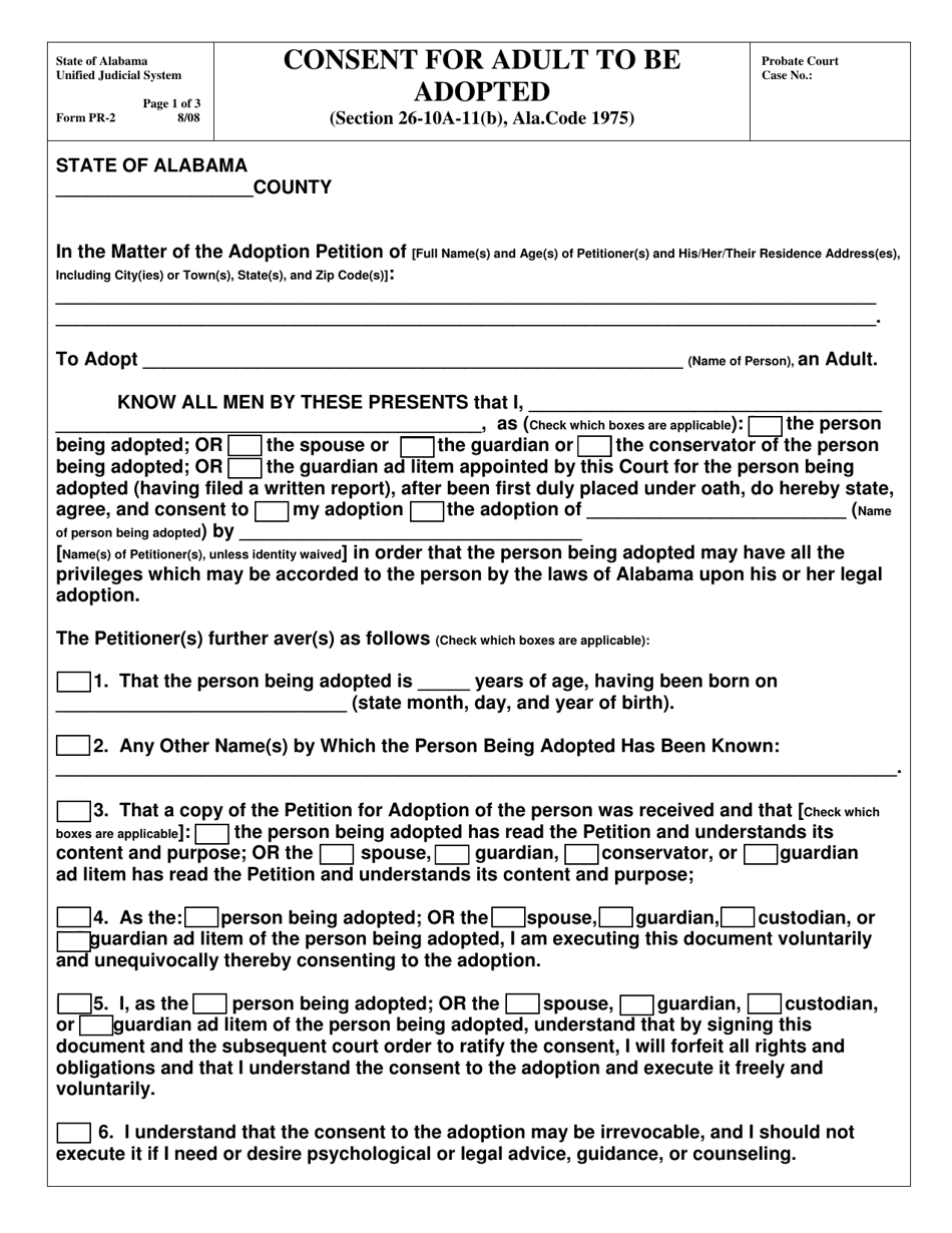 Form PR-2 Consent for Adult to Be Adopted - Alabama, Page 1