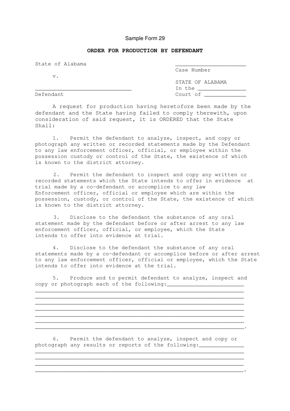 Sample Form 29 Order for Production by Defendant - Alabama, Page 1