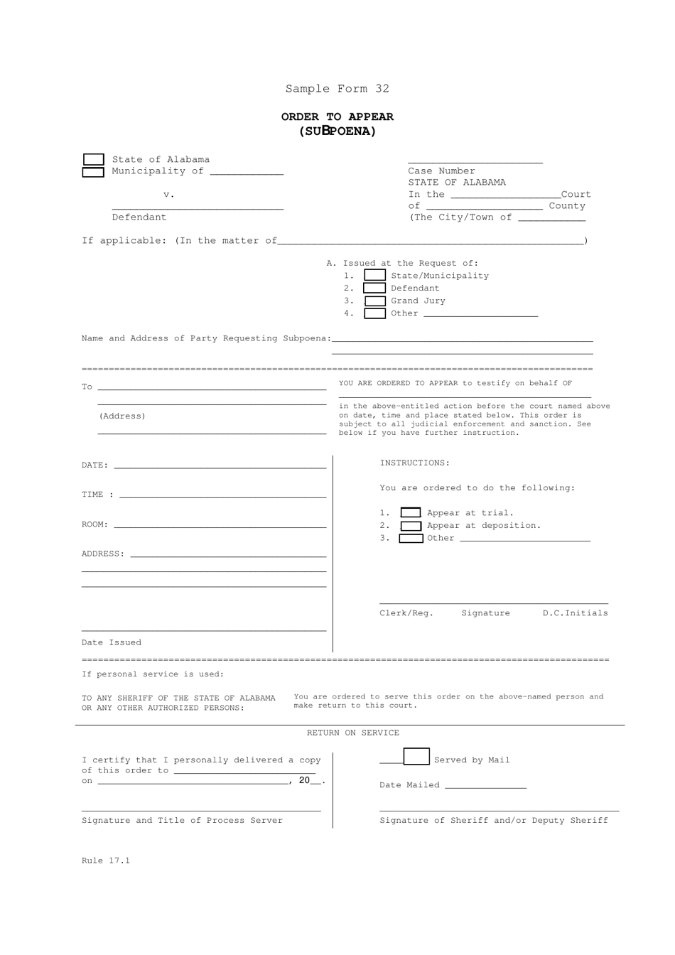 Sample Form 32 Order to Appear (Subpoena) - Alabama, Page 1