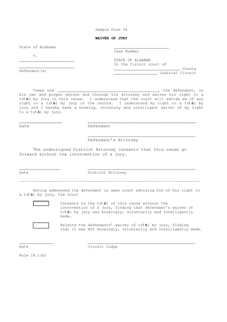 Sample Form 34 Waiver of Jury - Alabama