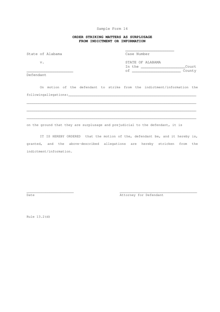 Sample Form 14 Order Striking Matters as Surplusage From Indictment or Information - Alabama