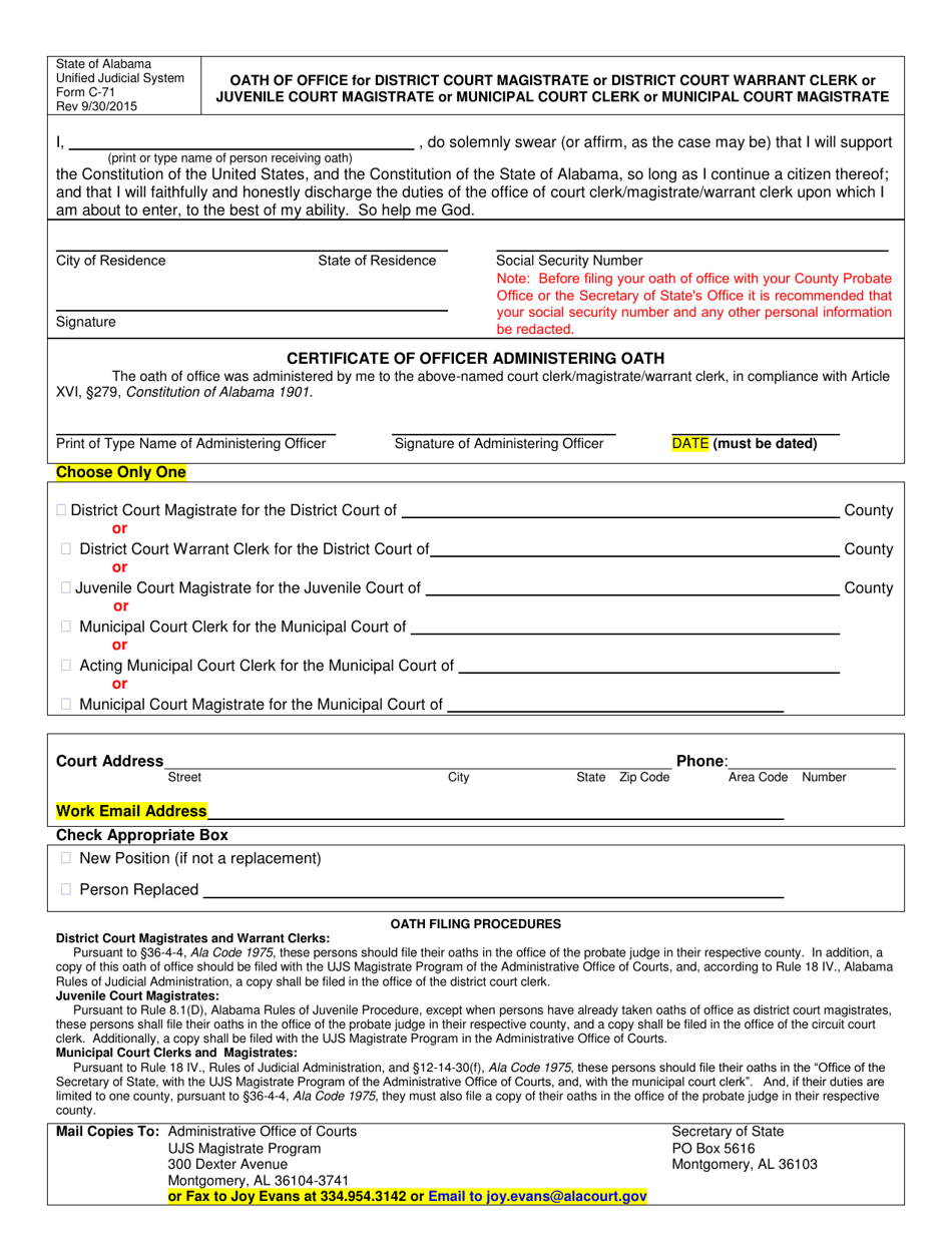 Form C-71 Oath of Office for District Court Magistrate or District Court Warrant Clerk or Juvenile Court Magistrate or Municipal Court Clerk or Municipal Court Magistrate - Alabama, Page 1