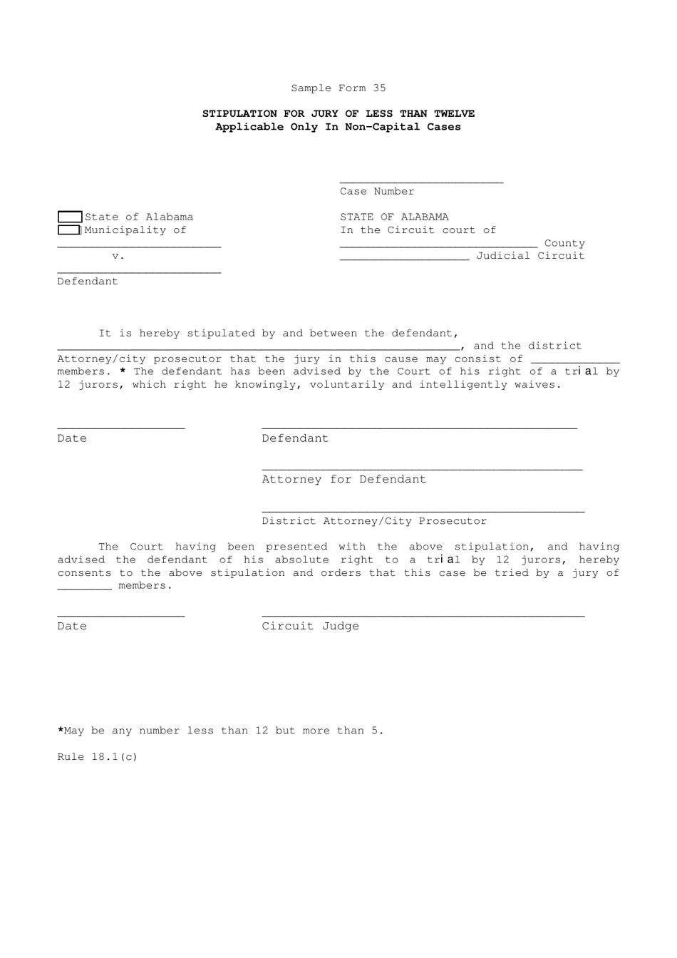 Sample Form 35 Stipulation for Jury of Less Than Twelve Applicable Only in Non-capital Cases - Alabama, Page 1
